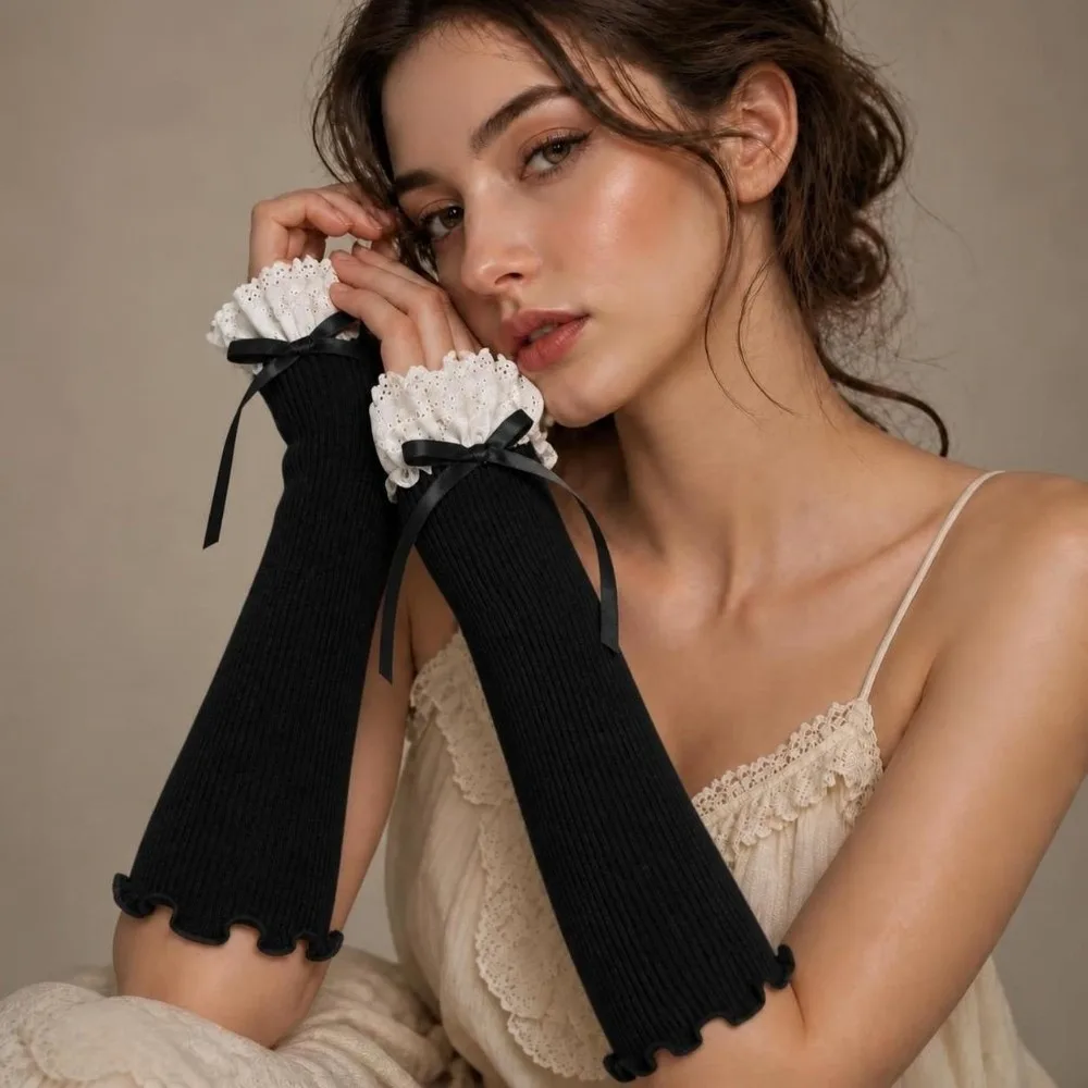 1 Pair 30cm Fingerless Arm Sleeves Elastic Ruffle Cuff Fingerless Design Lace Elbow Sleeves Long Length Sun Protection