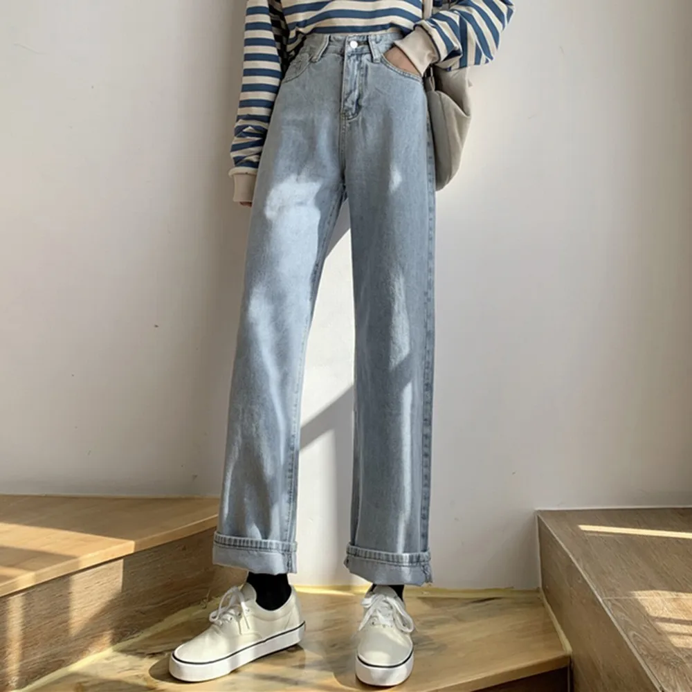 빈티지 스트레이트 진 여성 와이드 레그 루즈 데님 팬츠 가을 봄 패션 캐주얼 바지 화이트 블랙 블루 단색