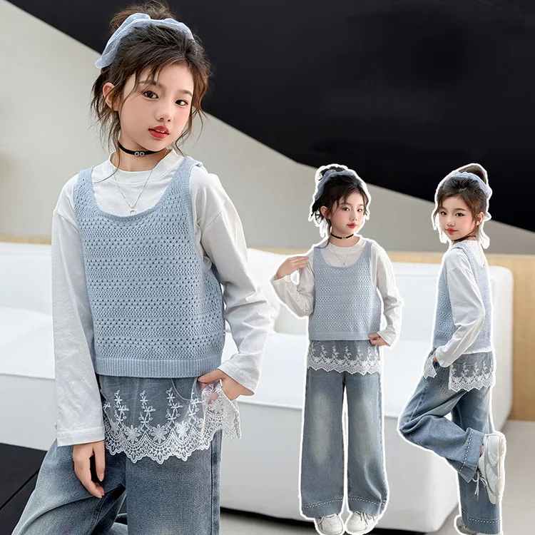 

Осенняя детская одежда для девочек, кружевная лоскутная майка с круглым вырезом + вязаный жилет + джинсовые штаны с эластичной резинкой на талии, школьные комплекты из 2 предметов для девочек