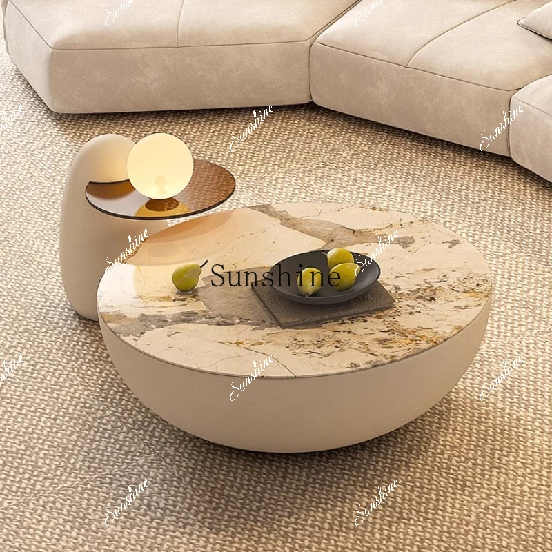 Rock slab coffee table combination round light luxury cream style home modern simple low table  FT