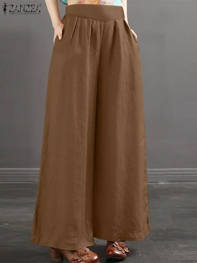 

Vintage Wide Leg Pants ZANZEA Summer Trousers Women Casual Elastic Waist Baggy Solid Loose Pantalon Fashion OL Wok Palazzo 2024