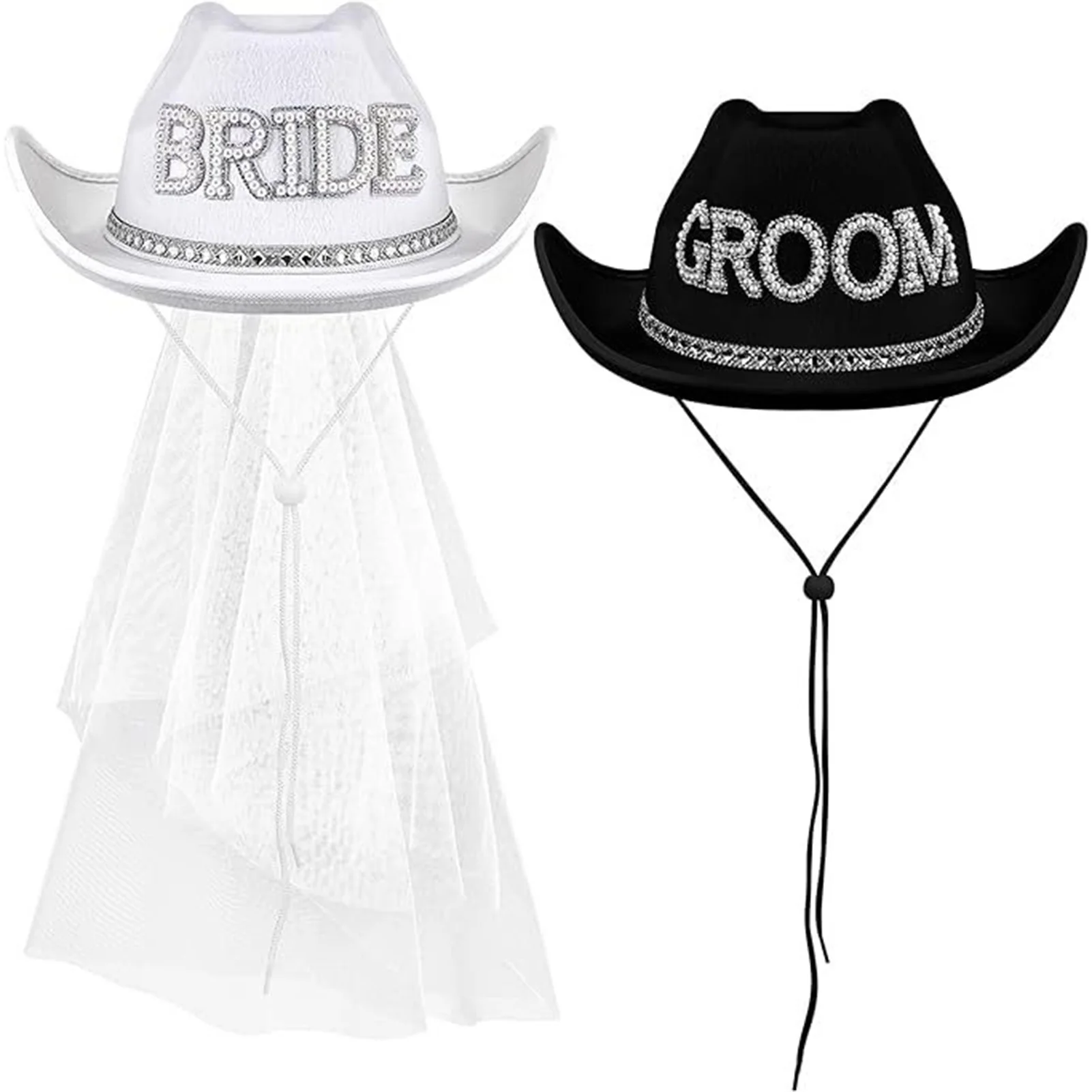 Chapeau de cowgirl pour mariée avec voile blanc, accessoires pour cheveux de mariage, décoration de fête, couvre-chef pour douche nuptiale, casquettes de mariage, cadeau