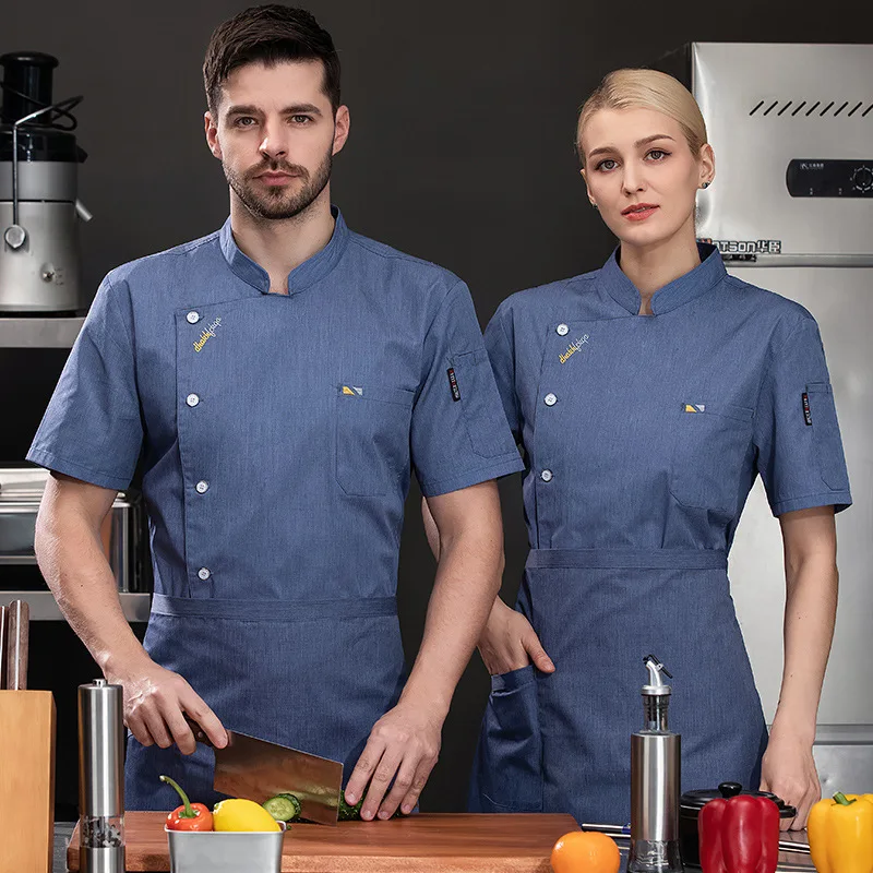 Uniforme de trabajo de cocina para restaurante de Hotel, chaqueta de Chef de manga corta, abrigo de cocina blanco de verano para Chef de pastelería y panadería