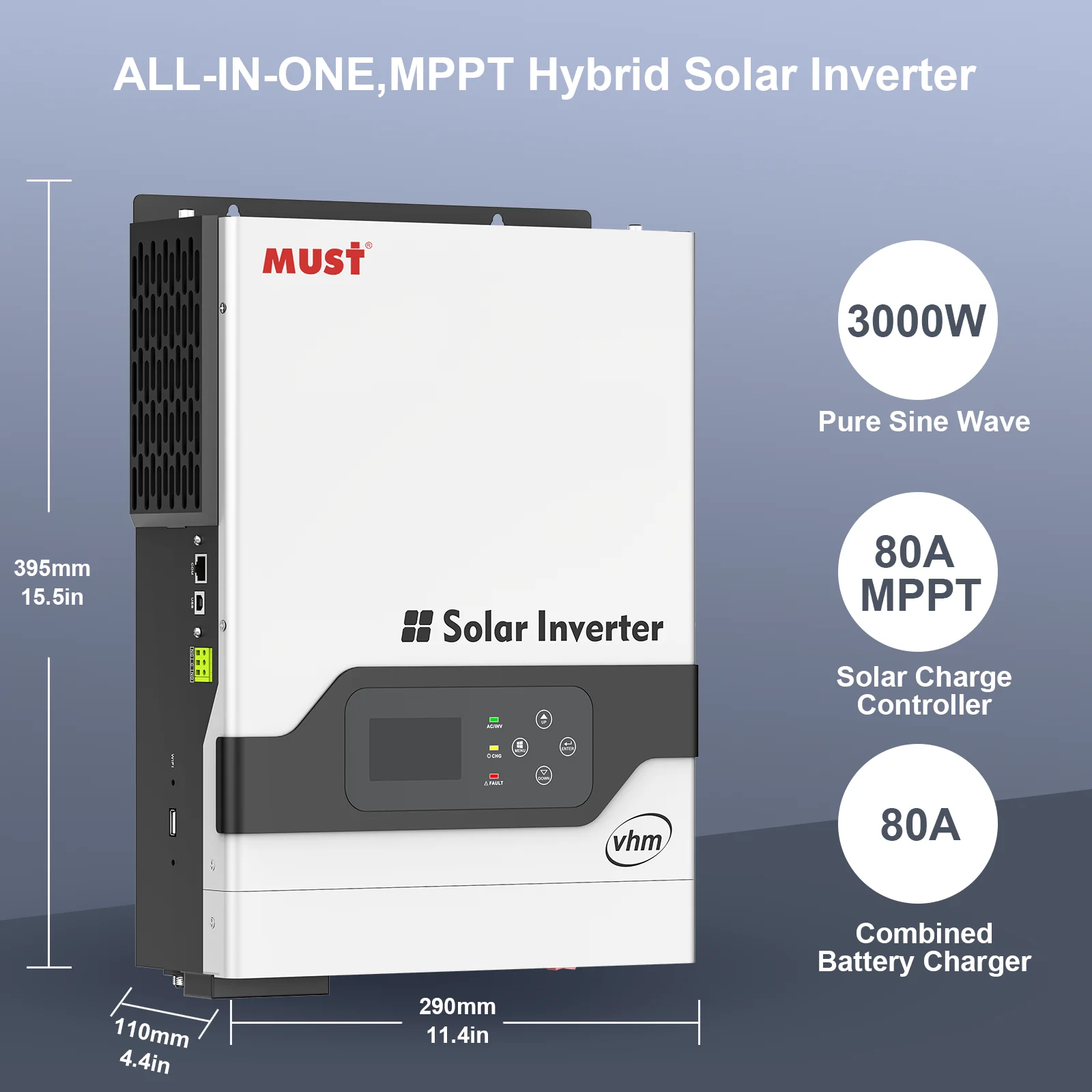 MUST Inverter 3000W 24Vdc Hybrid MPPT solar inverter 220V built-in MPPT Photovoltaic Inverter Hot Selling in Europe