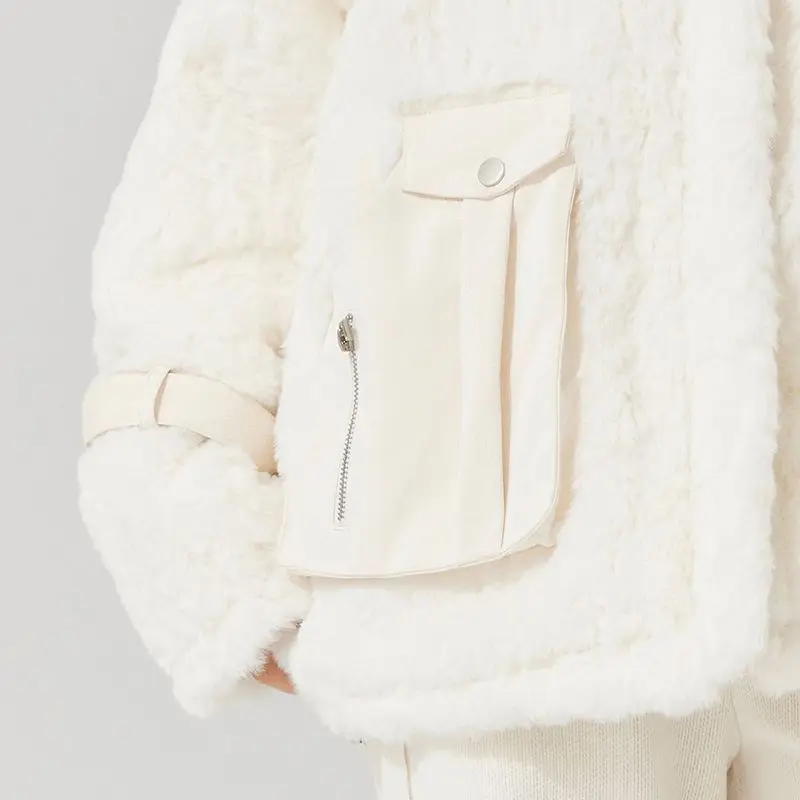 Lambswool Winter Plush Outerwear Thicken Warm Fashion Down Jacket Solid Color Coat  Zipper Mori Girl Fashion Streetwear
