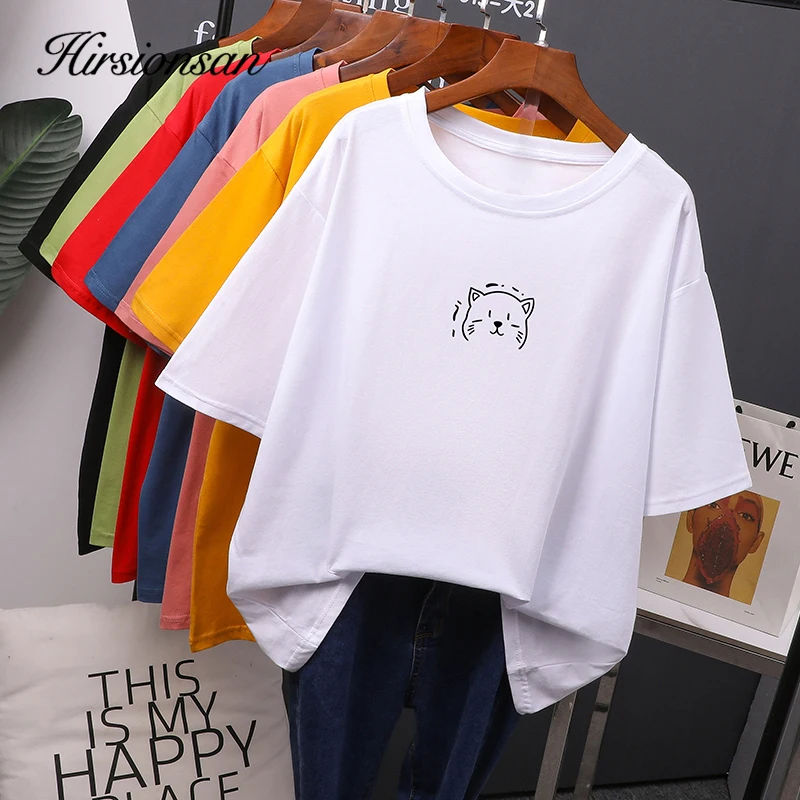 

Hirsionsan Kawaii Summer T Shirt Women 2020 New O Neck Oversized Tees 100% Cotton Loose Tees Soft Casual Female Tops 7 Colors