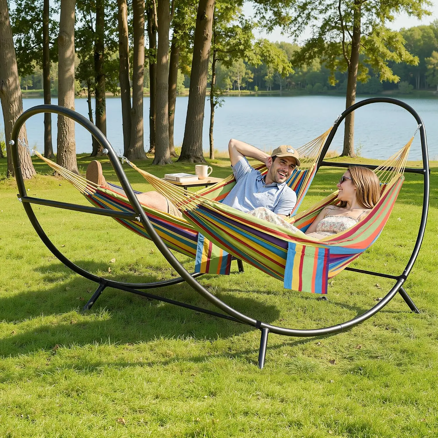 Outdoor Hammock and Stand Set for Porch, Rainbow, 475 lbs Weight Capacity, Patent-Pending Design