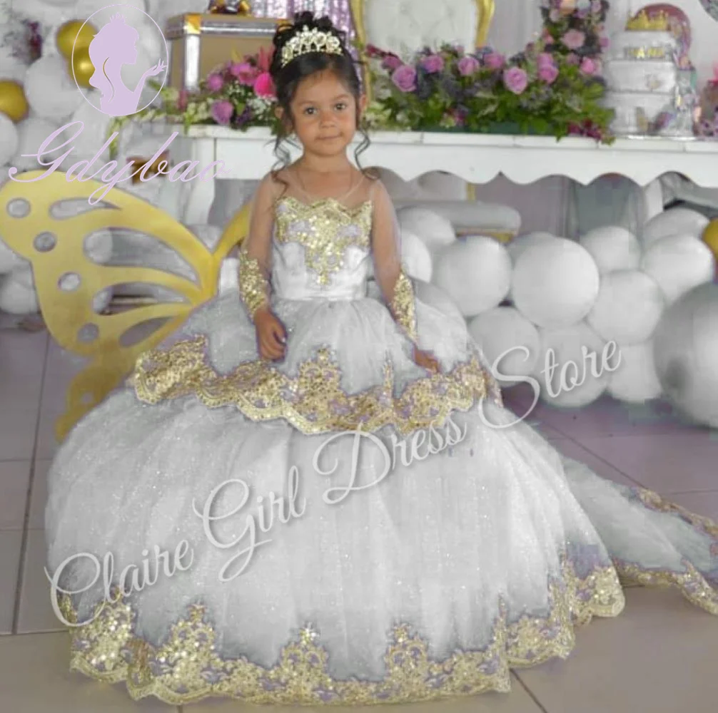 Vestido roxo dourado com apliques de flor para casamento, personalizado com laço até o chão, festa de aniversário infantil, vestido de primeira comunhão