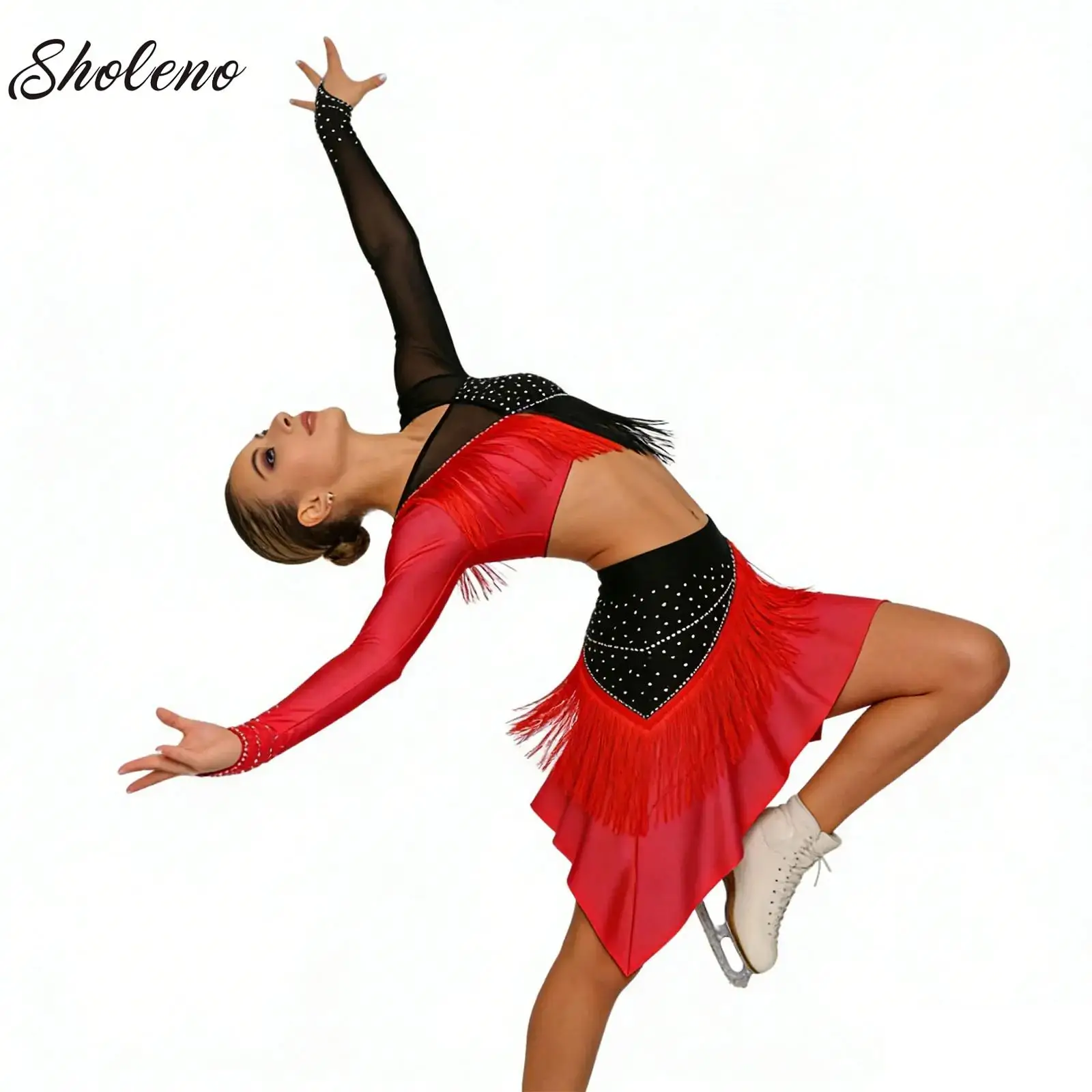 

Womens Latin Dance Suit Modern Ballet Dance Outfit Sheer Mesh Long Sleeve Shiny Rhinestone Crop Top with Irregular Skirt Set