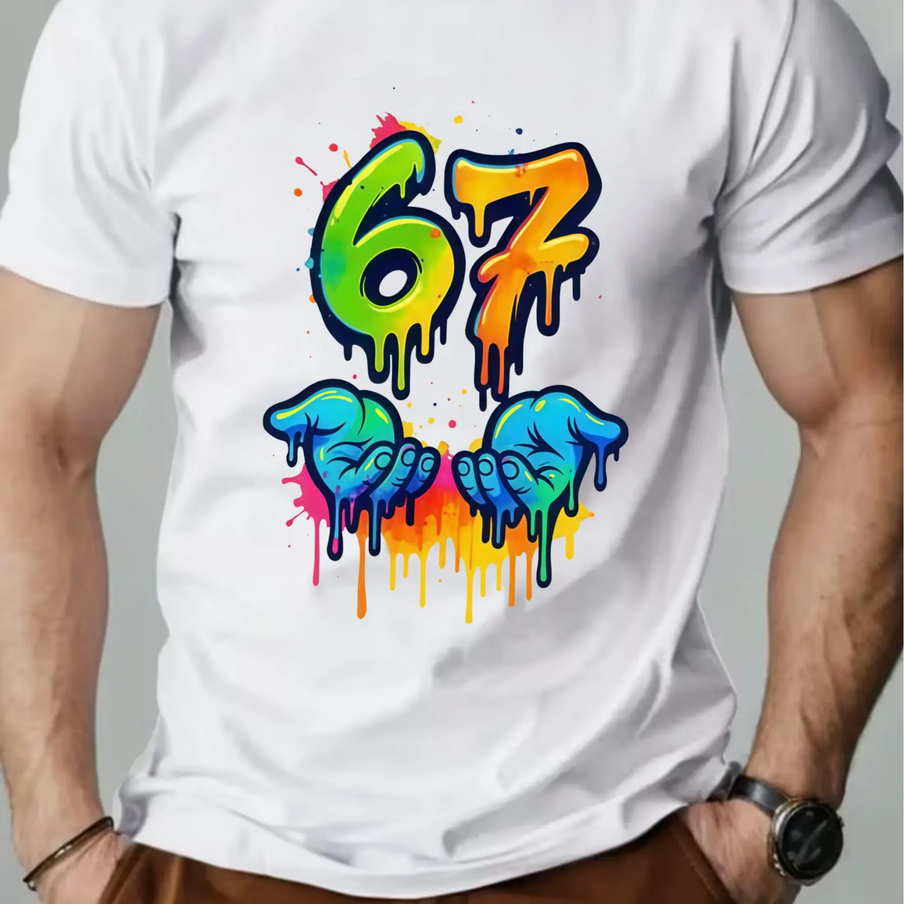67 Hand Sign Drip Paint Graffiti T Shirt Color Splash Hip Hop Streetwear Unisex Casual Graphic Short Sleeve Tee