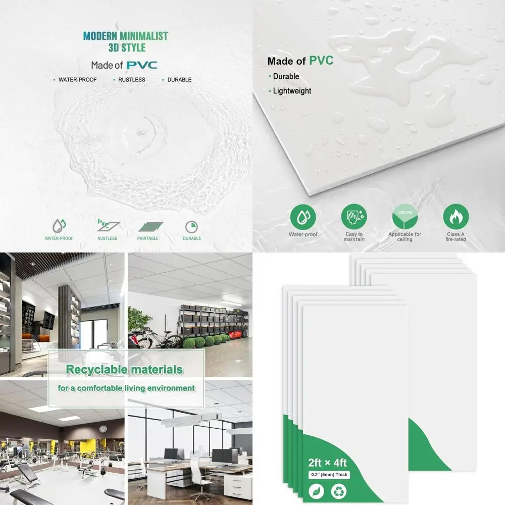 White 2ft x 4ft Ceiling Tiles, Waterproof & Fire-Rated, 80 Sq. Ft. Coverage, 10-Pack