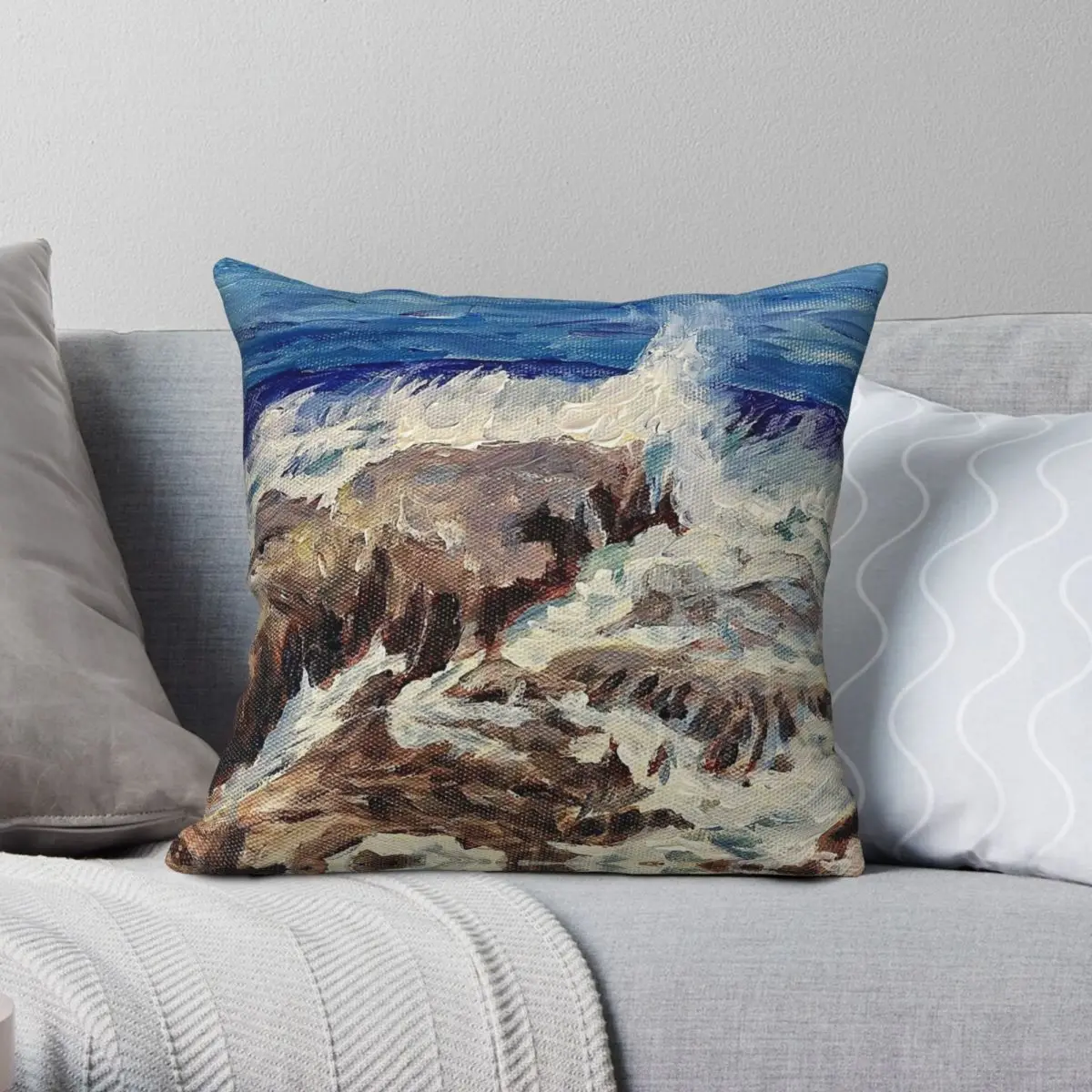 Galician Ocean Waves Square Pillowcase Polyester Linen Velvet Pattern Zip Decorative Pillow Case Room Cushion Cover 45x45