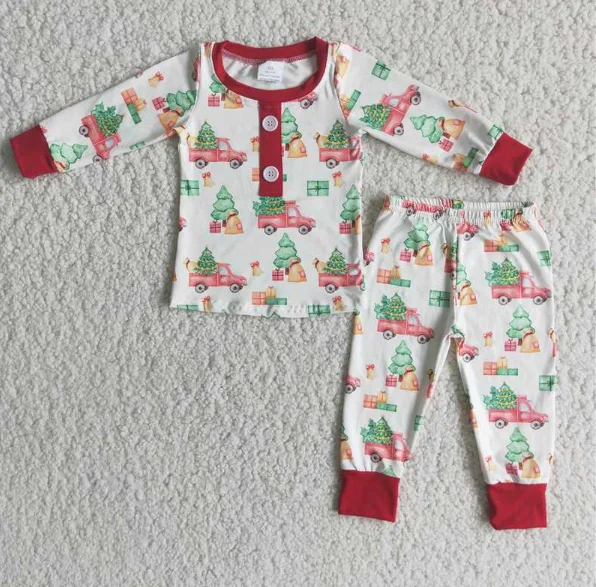 Christmas Wholesale Pajama Set Boys Truck Christmas Tree Red Cuff Long Sleeve Pajama Set