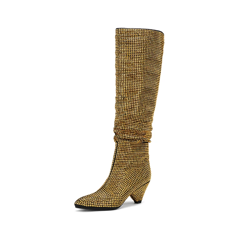 Fashion Spike Heels Crystal Long Boots Lady Sexy Pointed Toe Bling Bling Knee High Boots Woman Rhinstone Party Dress Shoes