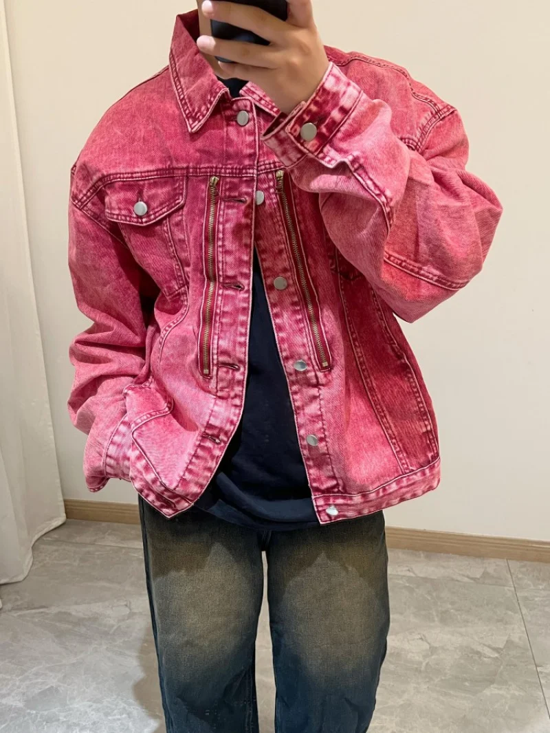 

Retro Waed Zipper Decorated Denim Jaet Men's Loose Casual Red ort Coat Trendy Youth ular Spring Autumn Winter Jaet