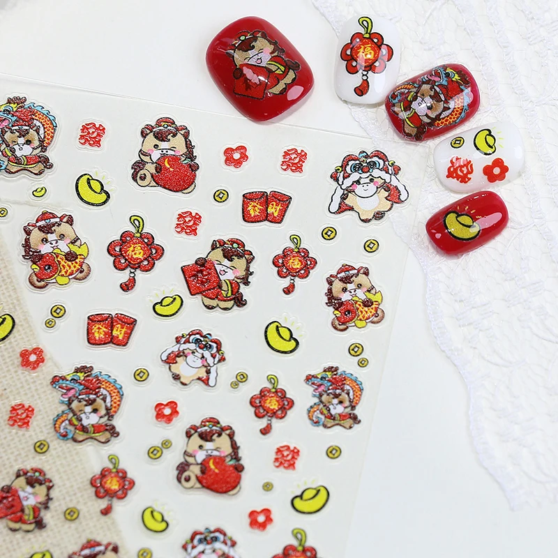 Autocollant du zodiaque 5D pour Nail Art, mignon, nouvel an chinois, cheval, animaux, poney porte-bonheur, décalcomanies de manucure, décoration festive en relief pour ongles