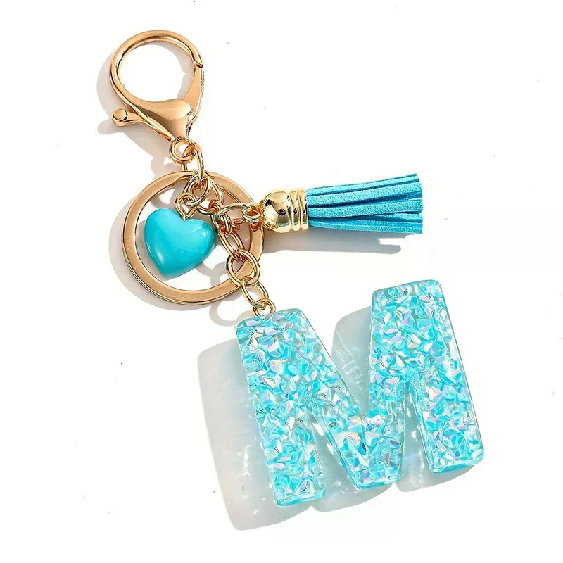 Fashion Blue Glazed Stone A To Z Letter Keychain 26 Initials Alphabet Love Tassel Pendant Car Key Chain Women Jewelry GIfts