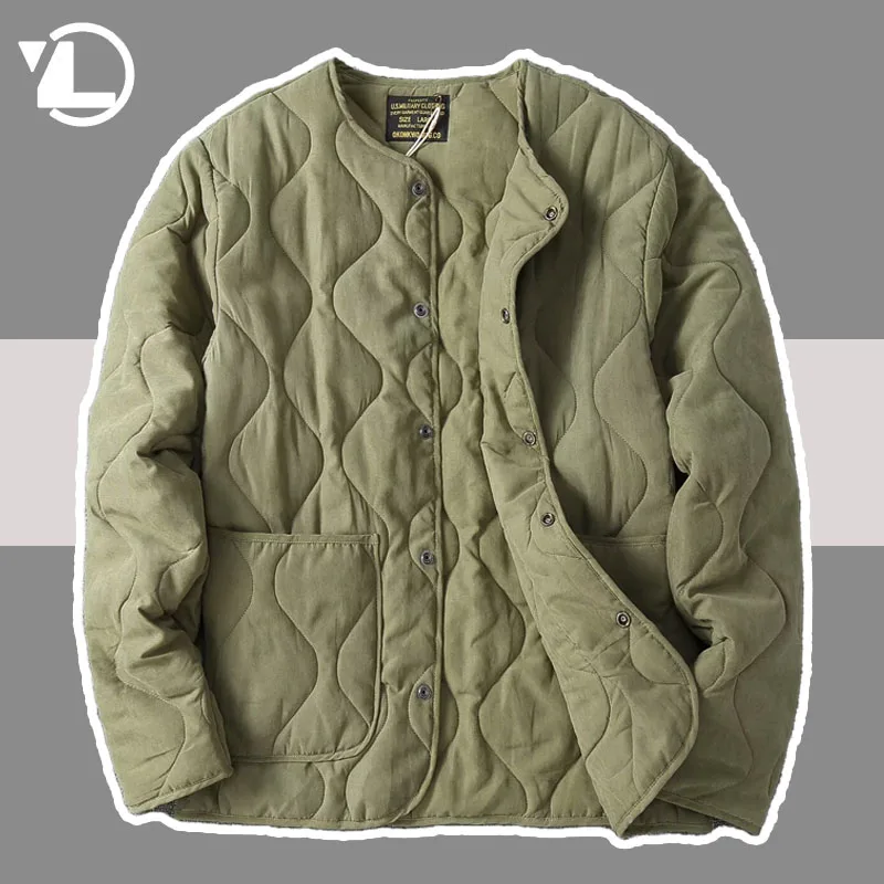 Chaqueta acolchada verde militar para hombre, de cuello redondo abrigo grueso, chaqueta de gran tamaño con botones, cárdigan M65, Otoño e Invierno