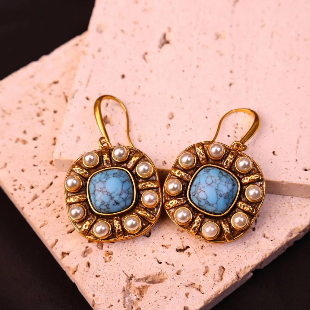 جديد القرون الوسطى خمر مطعمة الزجاج اللؤلؤ ساحة الفيروز استرخى أقراط ، الرجعية الكلاسيكية المؤنث وأنيقة صيد السمك أقراط #3