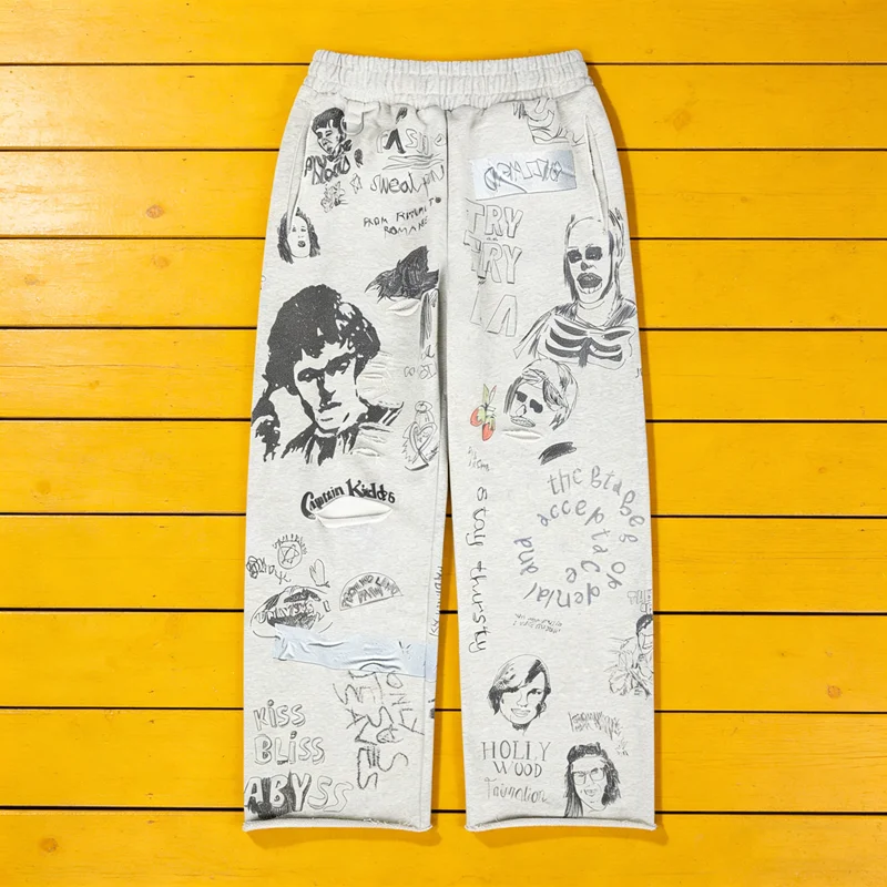Hip Hop Graffiti Portrait Print Hole Damaged Loose Straight Pants Men Women Vintage Casual High Street Terry Cloth Trousers Y2k