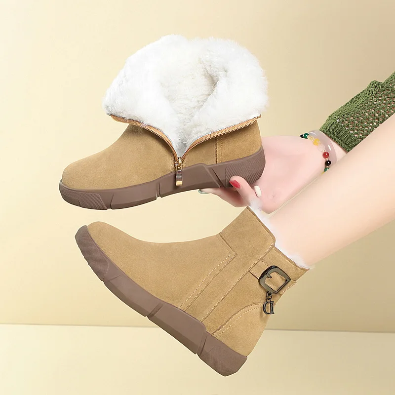 Damskie ocieplane skórzane śniegowce z futerkiem, zimowe, ciepłe, niskie, sportowe, codzienne, z gumową podeszwą i wełnianą wyściółką.