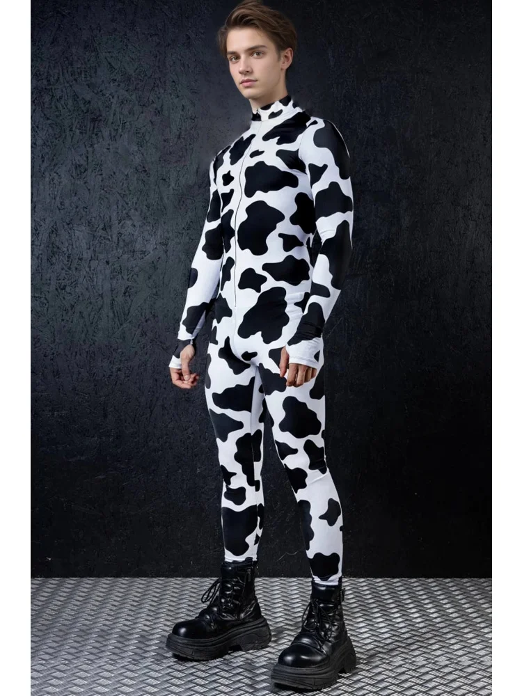 Paar-Kostüm mit Kuhmuster, Zentai-Anzug, Ganzkörper-Bodysuit aus Spandex für Damen und Herren, Halloween-Cosplay-Kostüm, Tierdruck-Party-Jumpsuit – Detail 4