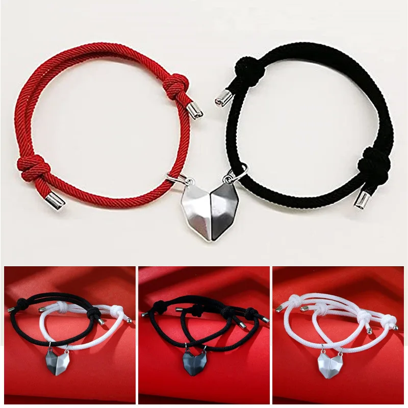 2PCS/set Love Magnetic Attracts Couple Bracelet Friendship Heart Pendant Faceted Charm Bangle Valentine's Day Gift Jewelry