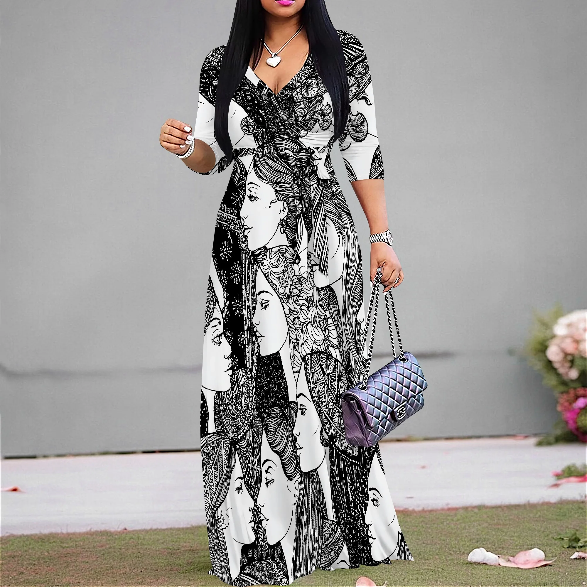 

Elegant Women's V-Neck Maxi Dress 3/4 Sleeve Tie Waist Black & White Graphic Figure Print Long Party Dress