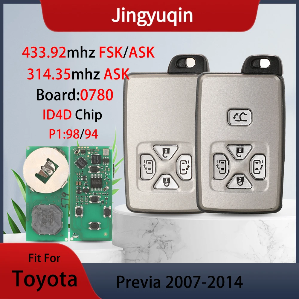 jingyuqin-433-314mhz-p4：94-98-ボード：0780-4dチップ-スマートカーリモートキー-フォブ-トヨタ-プレビア-アルファード-タラゴ-ヴェルファイア-2007-2014用