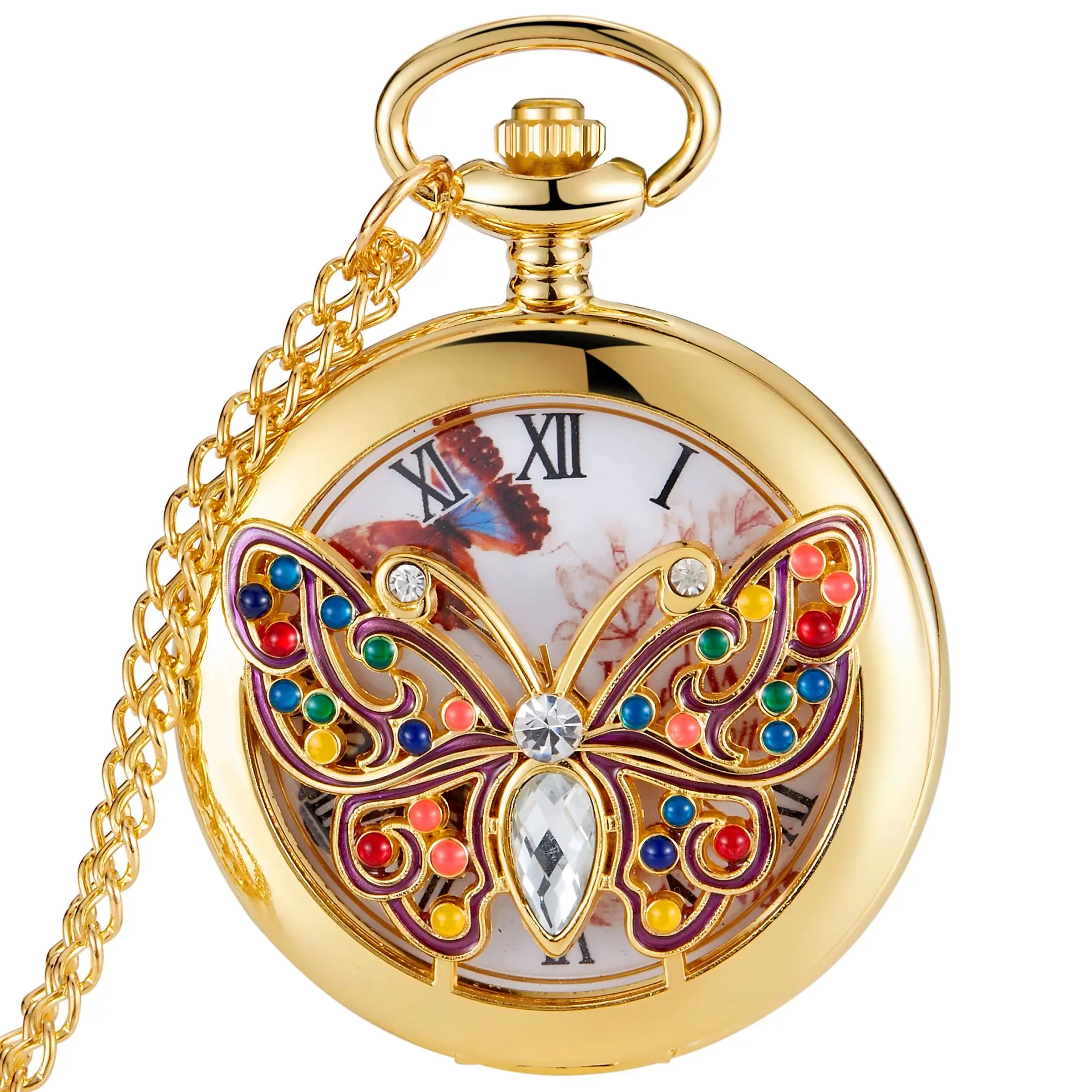 

Charm Gold/bronze Dragonfly/butterfly Half Cover Quartz Pocket Watch Men Women Elegant Fob Chain Necklace Pendant Pocket Watch