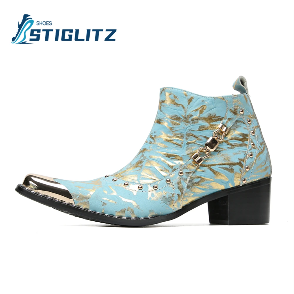 

Gold Foil Print Genuine Leather Chelseas Metal Pointed Toe High Heel Ankle Boots Men Performance Shoes Luxury Men's Casual Shoes