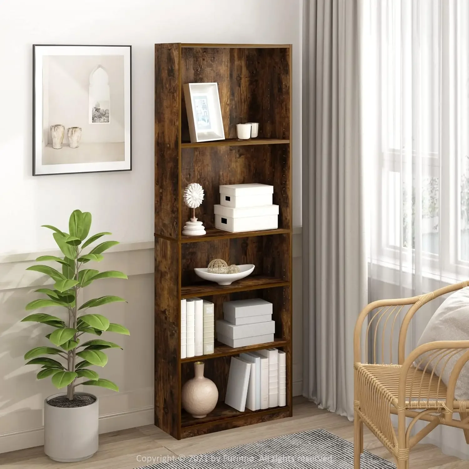 Furinno Jaya Simply Home Adjustable Shelf Bookcase, 5-Tier, Amber Pine