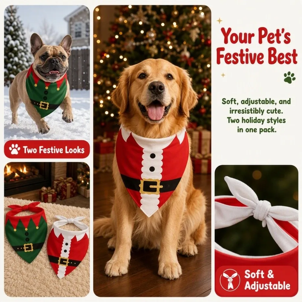 Soft Adjustable Christmas Dog Bandanas Tie-on Red Green Pet Costume Accessories Kawaii Polyester Pet Neck Scarf Pet Cosplay