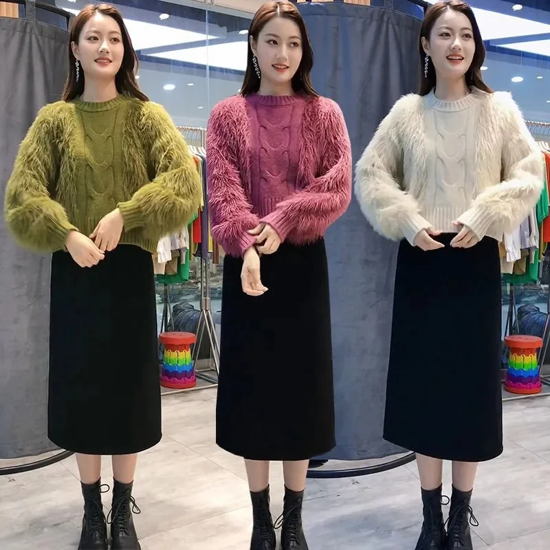 

2023 Spring and Autumn New Korean Style Fashion O-Neck Pullover Gentle and Advanced Feeling Wool Splice Sweater for Women Top