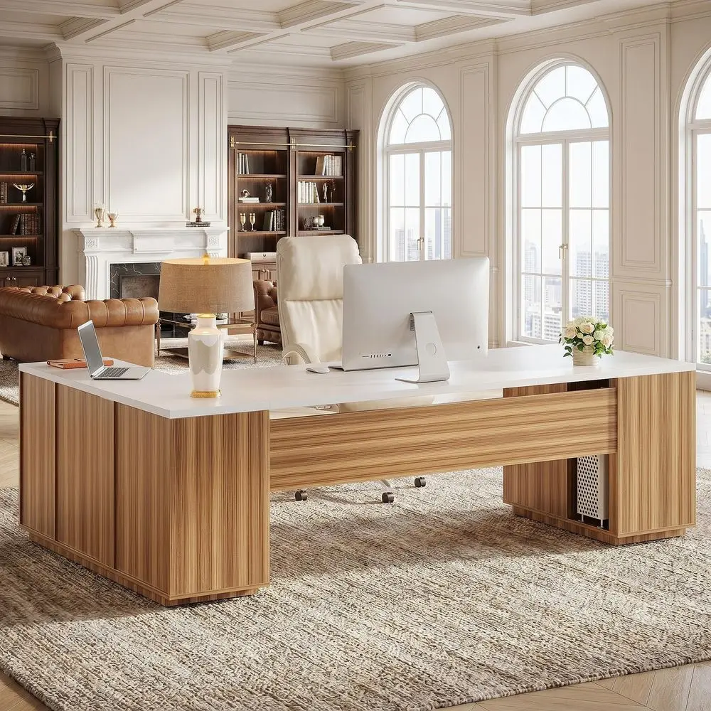

85.8Inch LShaped Executive Desk with File Drawers, Door Cabinet amp Shelves, Extra Large Commercial Office Desk, Modern Profess