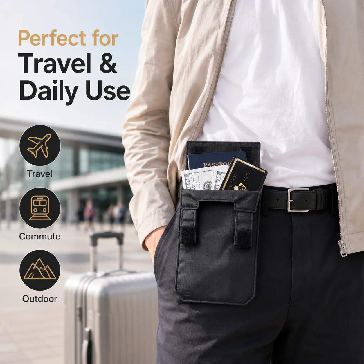 2026 Black Slim Belt Wallet Zero Bulk Anti Theft Belt Clip Mini Belt Wallet Hook and Loop Closure Hidden Compartment Belt Wallet image 6