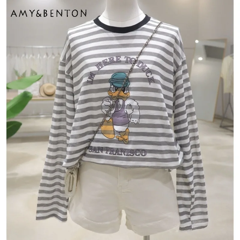 

Thin Breathable Cartoon Print Tees 2024 Summer Loose Cotton Striped Long Sleeves O-neck Sun Protection T-shirt Women's Clothes