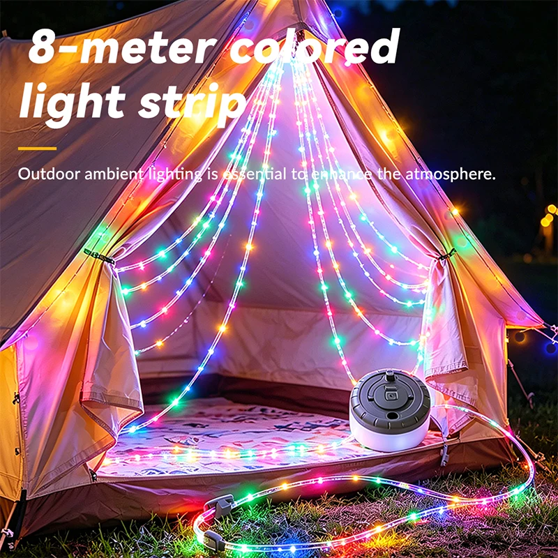 Portable Lantern 8M Colorful String Light Rechargeable with Hook Camping Tent Atmosphere LED Decor Lamp for Backyard Party Patio