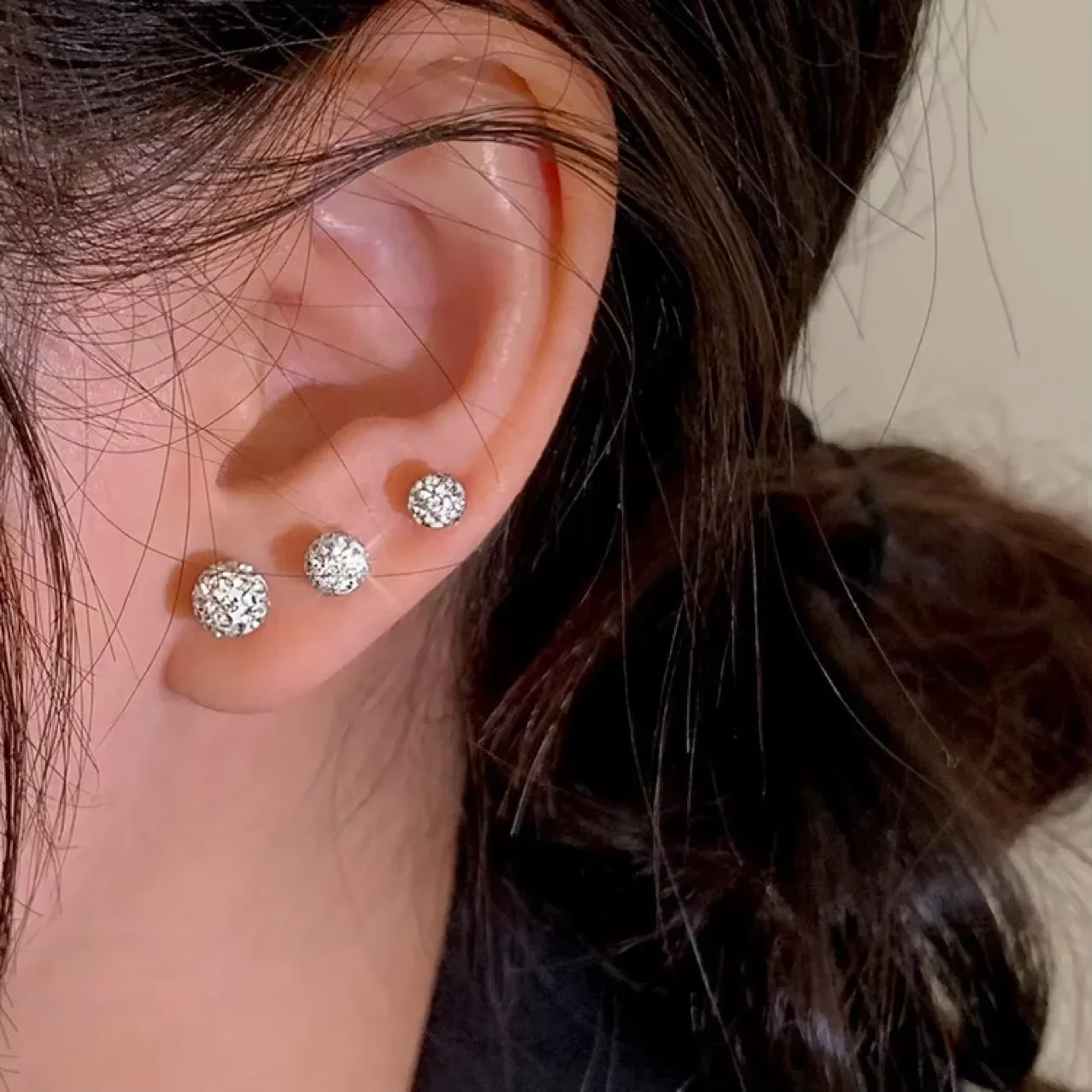 Stainless Steel Sparkling Shiny Crystal Round Ball Stud Earrings 3-4-6MM 3pairs/Sale Sexy Style Ears Bone Tongue Party Jewelry
