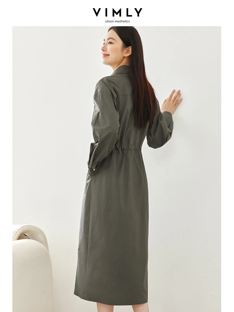 Vimly Cargo Shirt Dresses Women 2024 Spring 100% Cotton Drawstring Long Sleeve Button Up Front Midi Dress Woman Clothing M5109