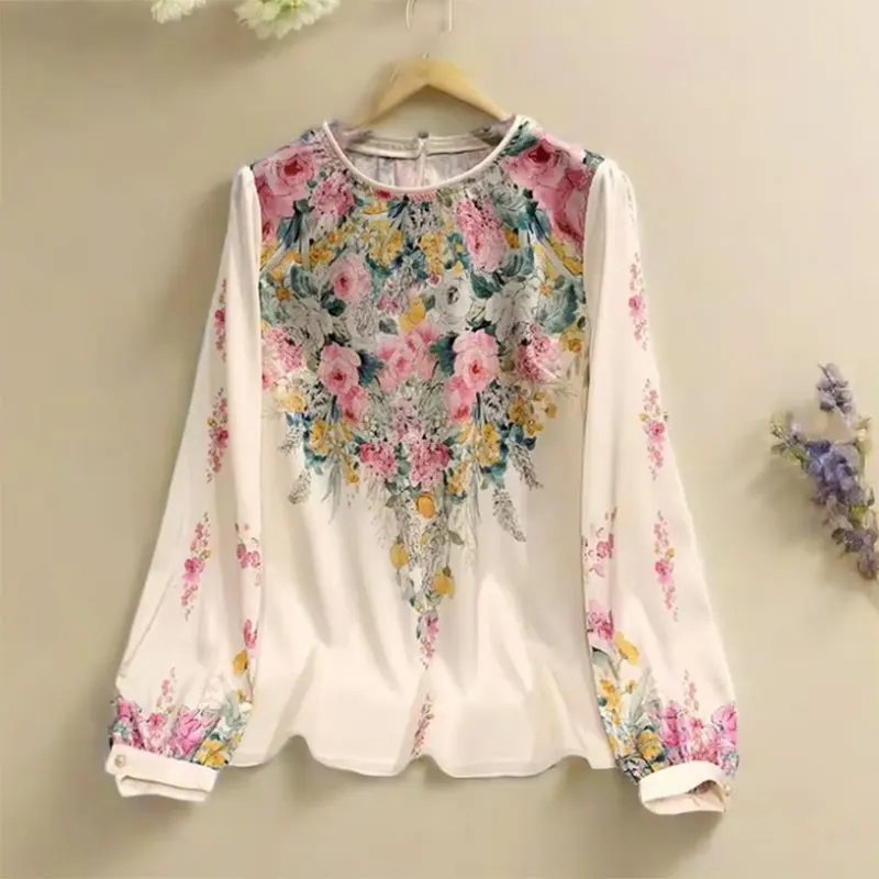 Beige Floral Print O-Neck Casual Long Sleeve Chiffon Pullover Women\'s Blouse Shirt Korean Fashion Female Clothing Tops Spring