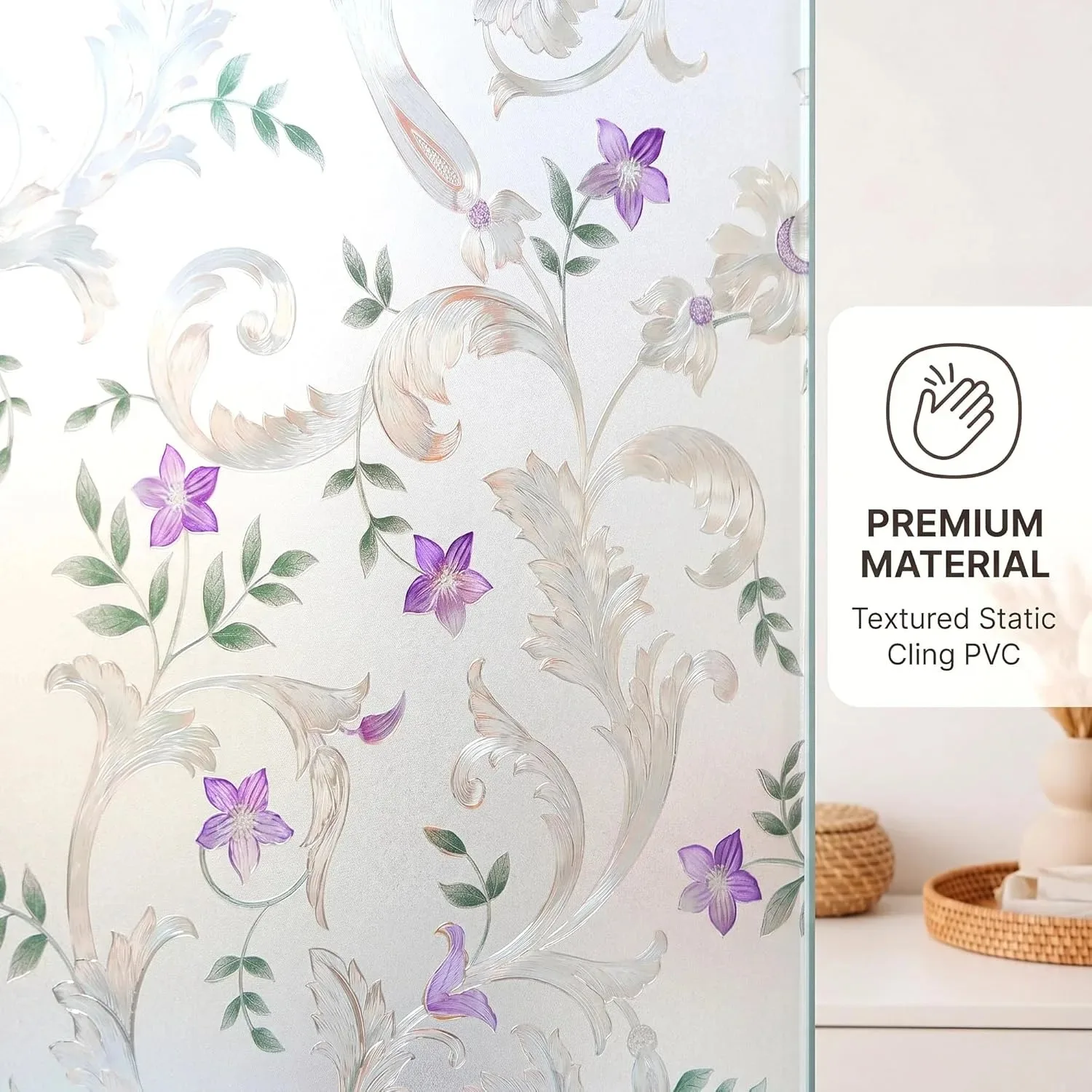 Floral Stained Glass Window Film Privacy Static Cling, Anti-UV Heat-Reducing Window Film Decal Tint Decor for Room Decoration