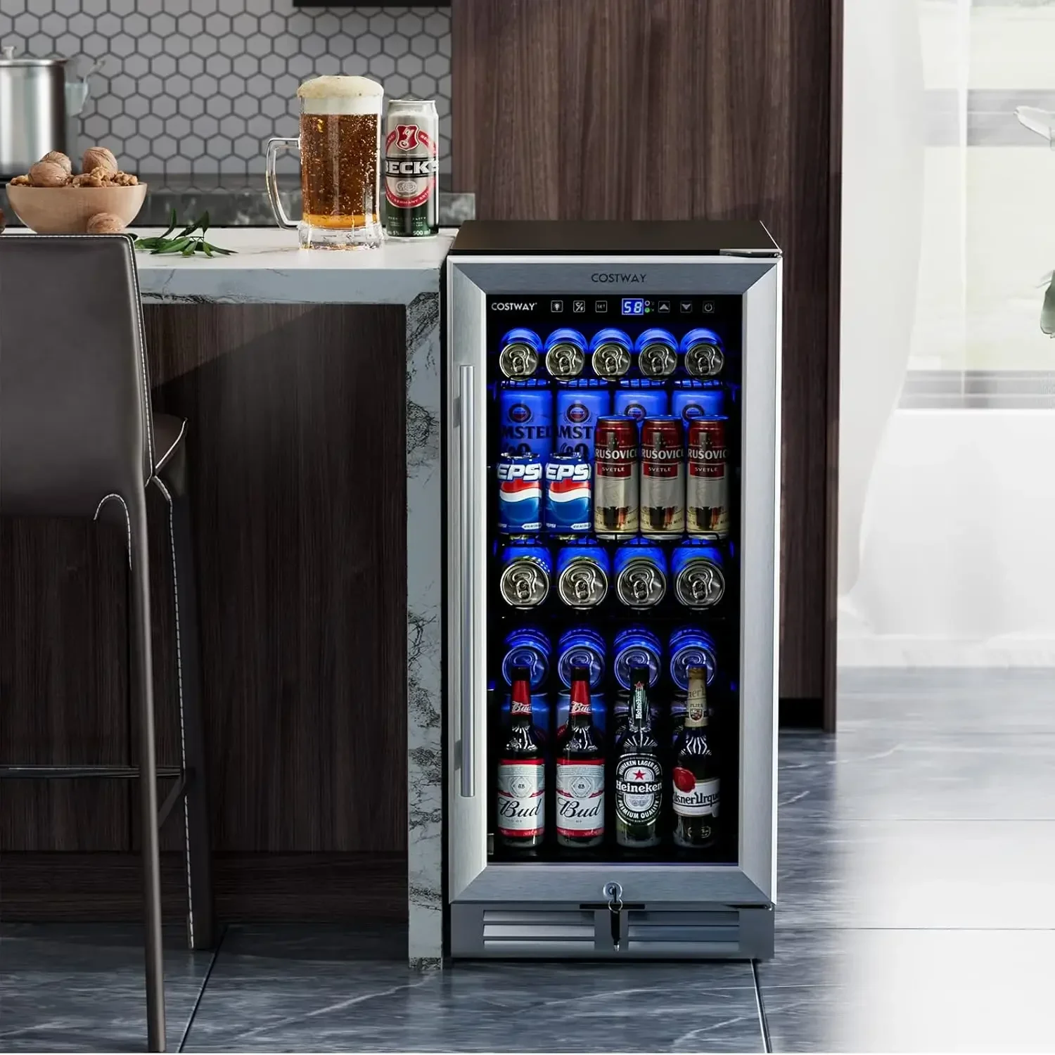 COSTWAY 15 Inch Beverage Cooler Refrigerator - 3.5 Cu.ft Mini Fridge with Glass Door, Lock and Removable Shelves