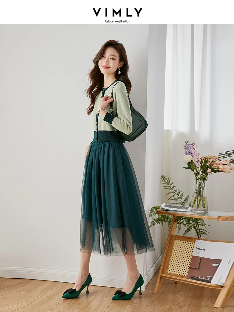 Vimly Korean Fashion Two Piece Sets Green Knitted Cardigan and Midi Mesh Skirt Womens Spring 2 Piece Outfits Matching Set M3386