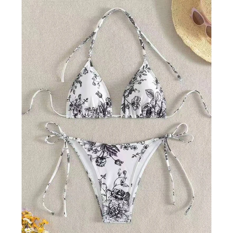 

Flower Pattern Bathing Suit Women Micro Bikini Halter Triangle Thong Bikini Push Up Summer 2025 New Beachwear 2 Piece Swimsuit