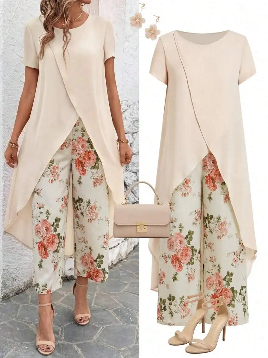 

Women 2 Piece Set Solid Round Neck Short Sleeve Long Top Floral Print Wide Leg Pants
