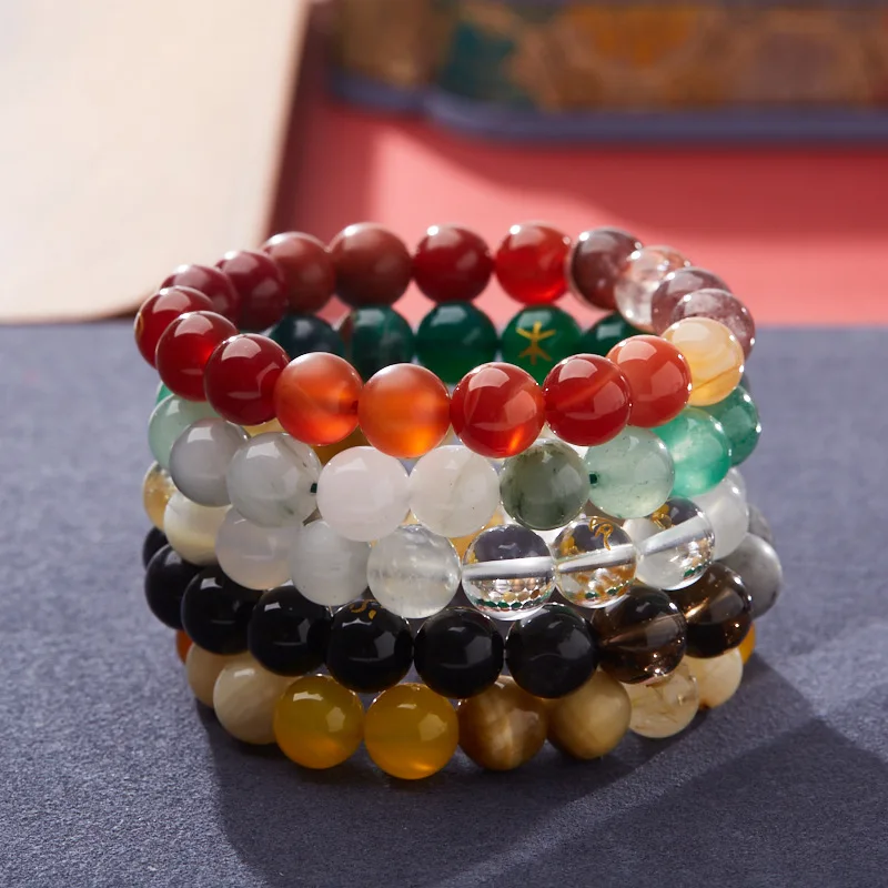 Five Elements Bracelet Metal Wood Water Fire Earth Birth Year Multi Gemstone Bracelet for Temple Blessing Gifts