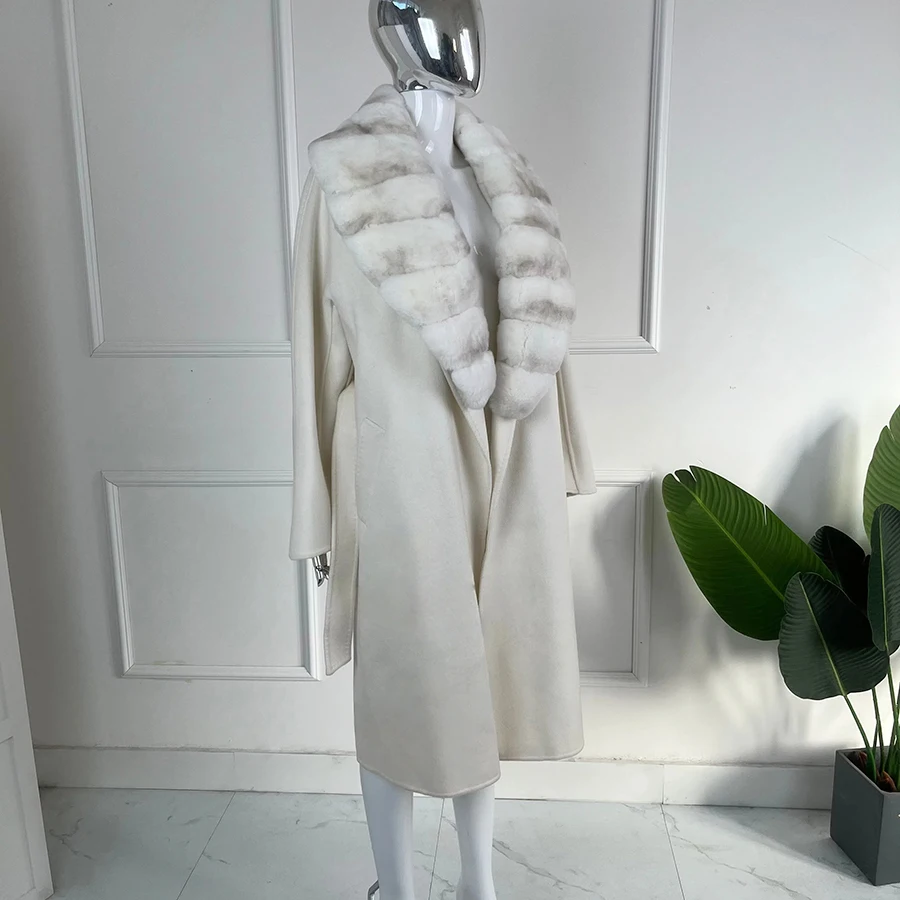 

Белые шерстяные пальто для женщин, кашемировое пальто с воротником из кроличьего меха, женское зимнее новое модное шерстяное пальто высокого класса