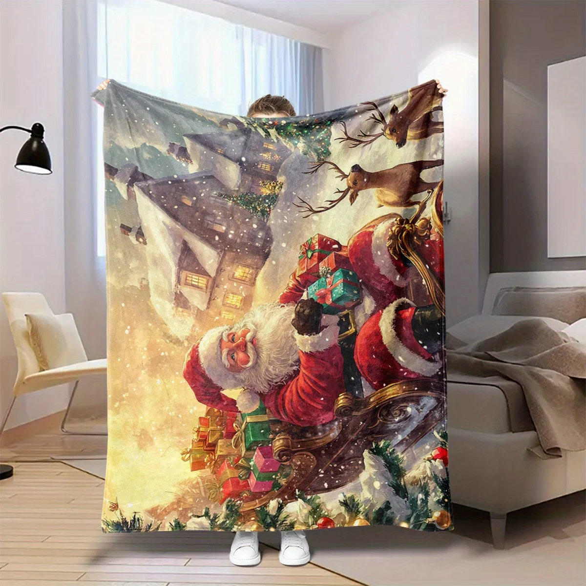 1pc Fluffy Throw Blanket, 2D Flat Santa Sleigh Reindeer Christmas Scene Print, Warm Blanket for Sofa Bedroom, Camping Decor Gift