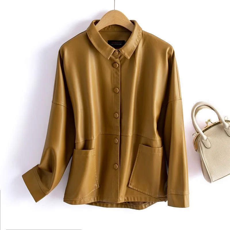 Chaqueta de piel de oveja para mujer, abrigo corto con bolsillos y botones, elegante, holgado, estilo coreano, para oficina